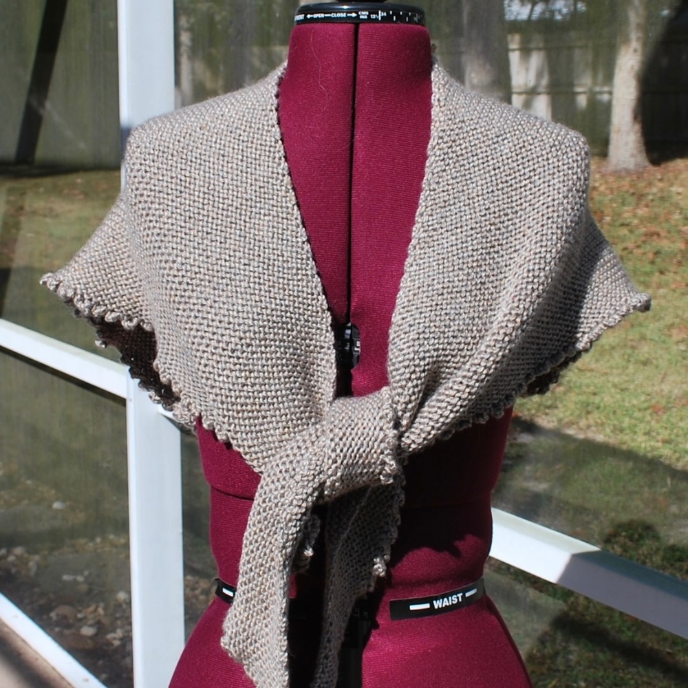 Hand Knitted Shawl Wrap Tan Tie Front Lettuce Edge